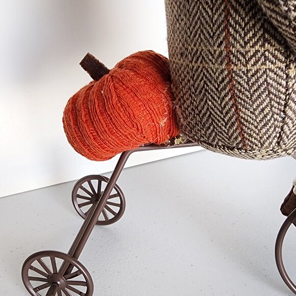 THANKSGIVING GNOME Riding a Bicycle w/ Felt Plush Orange Pumpkin on Bike - Picture 6 of 8